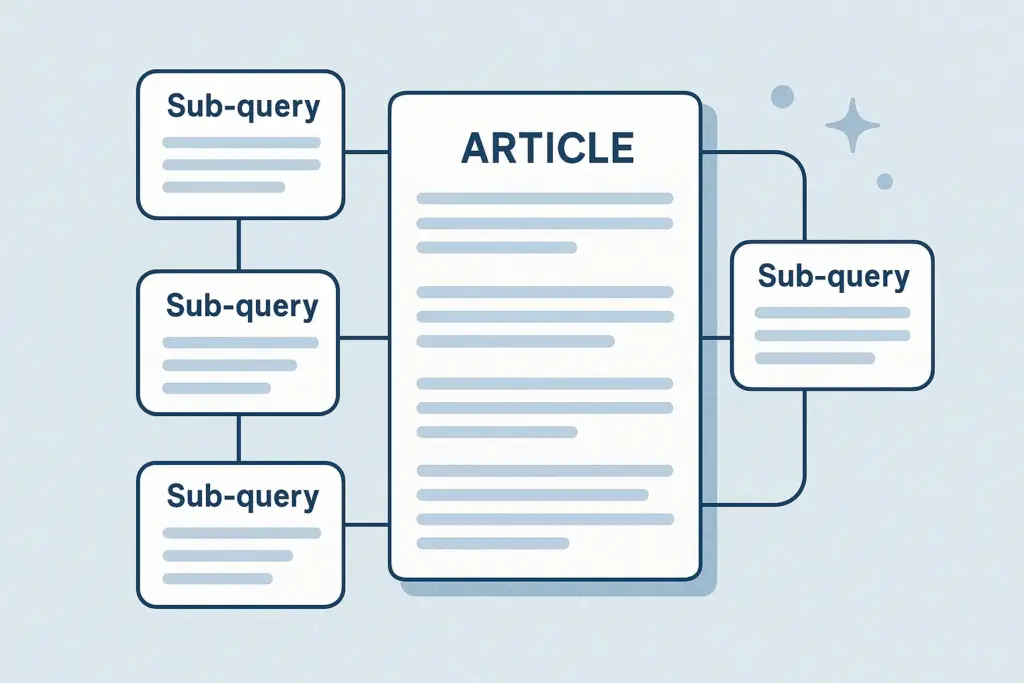 Mapa de contenido ilustrando un artículo estructurado para responder a múltiples sub-preguntas que Google descompondría de una consulta principal.