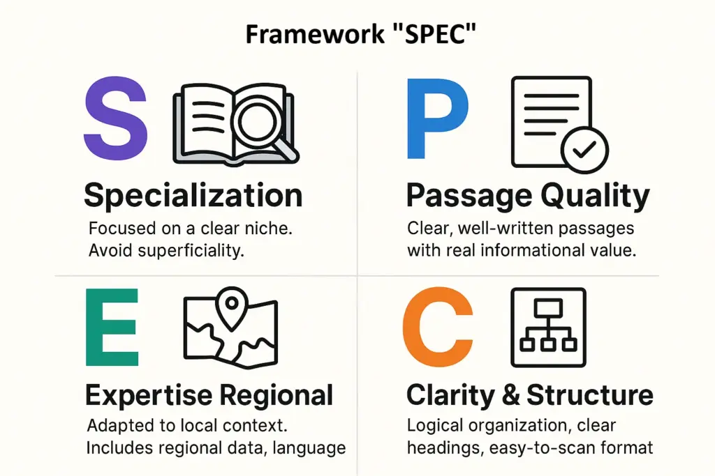 Infografía del Framework 'SPEC' de WebsitesTechnology para optimización de AI Overviews: Especialización, Calidad de Fragmento, Expertise Regional y Estructura Clara.