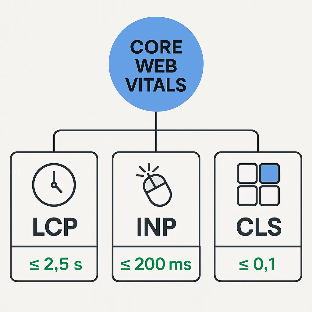 Diagrama simple con iconos representando los Core Web Vitals (LCP, INP, CLS) y sus umbrales óptimos de rendimiento.