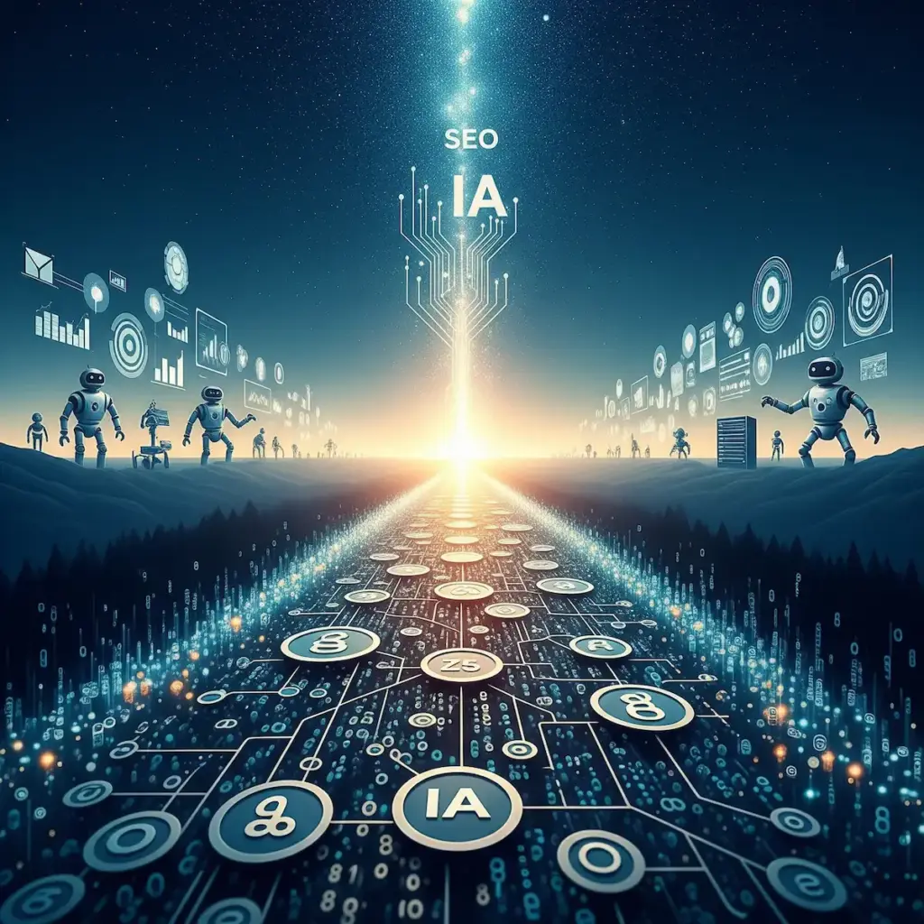Futuro del SEO y la IA simbolizado por un camino digital hacia un horizonte impulsado por inteligencia artificial.