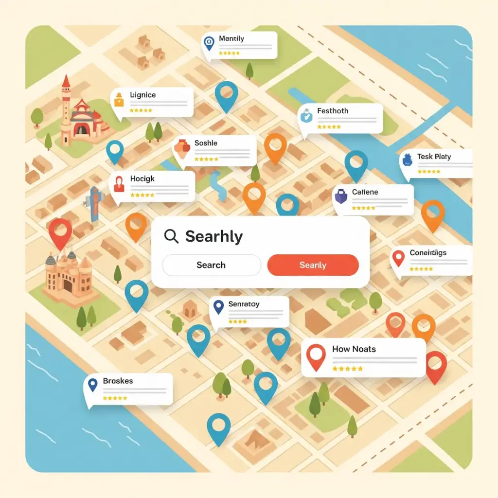 Optimización SEO local con IA mostrando negocios cercanos relevantes en un mapa digital.
